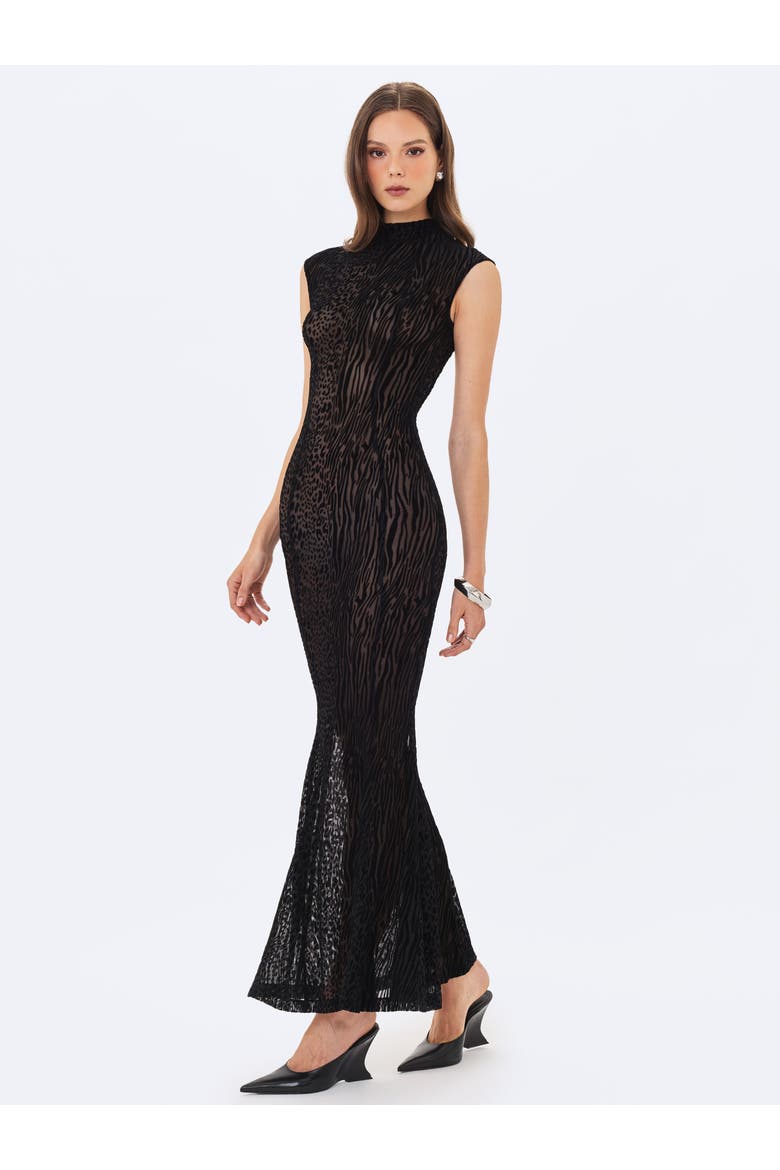 Tyanna Backless Burnout Velvet Mesh Maxi Dress, Alternate, color, Black
