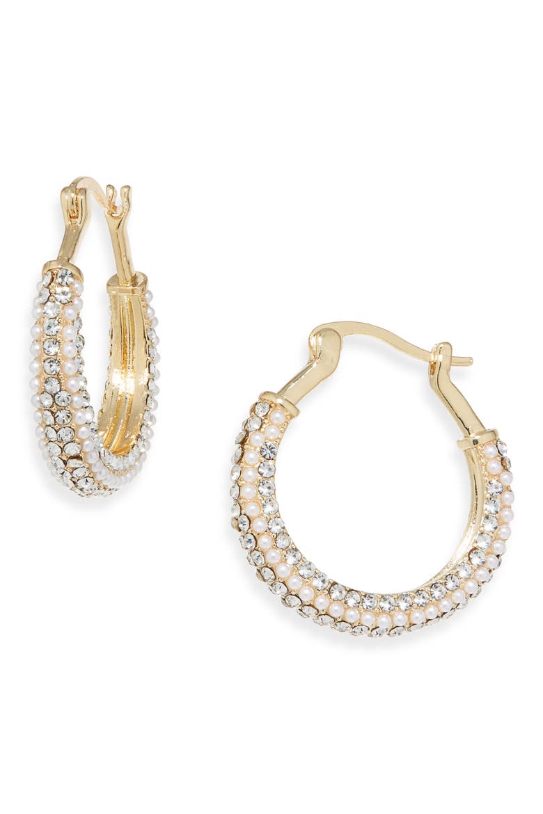 Crystal & Faux Pearl Hoop Earrings, Main, color, GOLD/ CRYSTAL