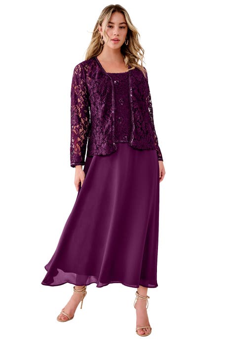 Plus-Size 2 Piece Long Sleeve Embellished Lace Jacket And Full Gown (Plus)