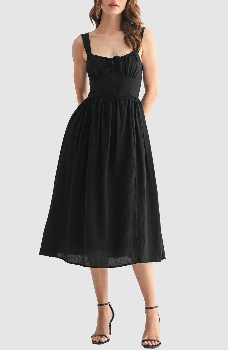 All in Favor Tie Neck Midi Sundress, Main, color, Black