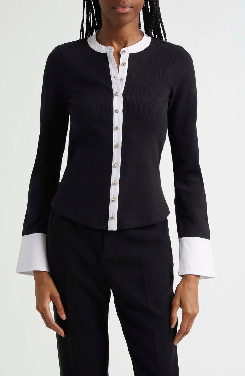 Cinq à Sept Beverly Crystal Button-Up Stretch Cotton Shirt, Main, color, Black/ White