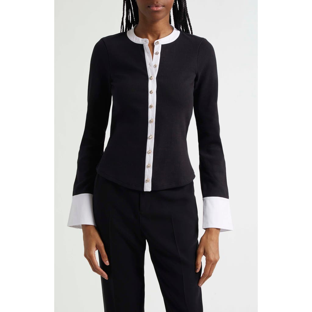 Cinq À Sept Beverly Crystal Button-up Stretch Cotton Shirt In Black