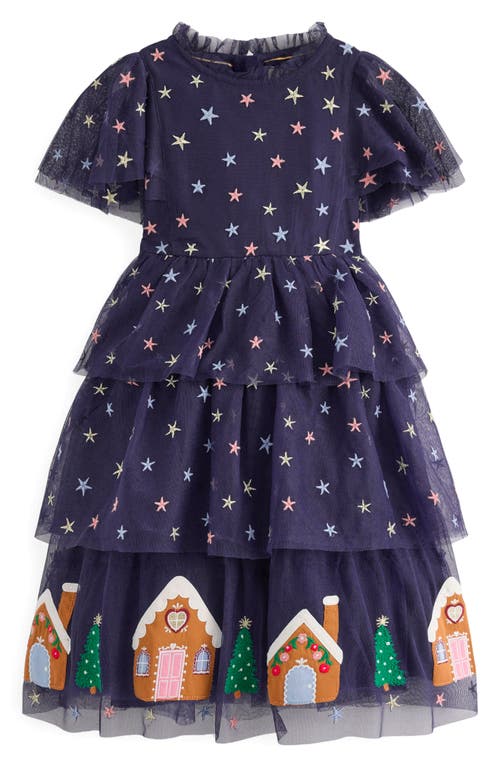 Mini Boden Kids' Gingerbread Embroidered Tiered Tulle Party Dress In Blue