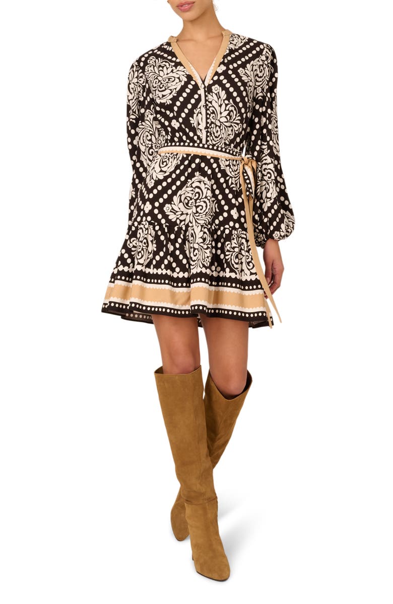 Adrianna Papell Mixed Print Long Sleeve Dress, Main, color, Black/ Ivory