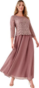 Roaman's Plus Size Sequin Lace Three Quarter Sleeve A-Line Gown