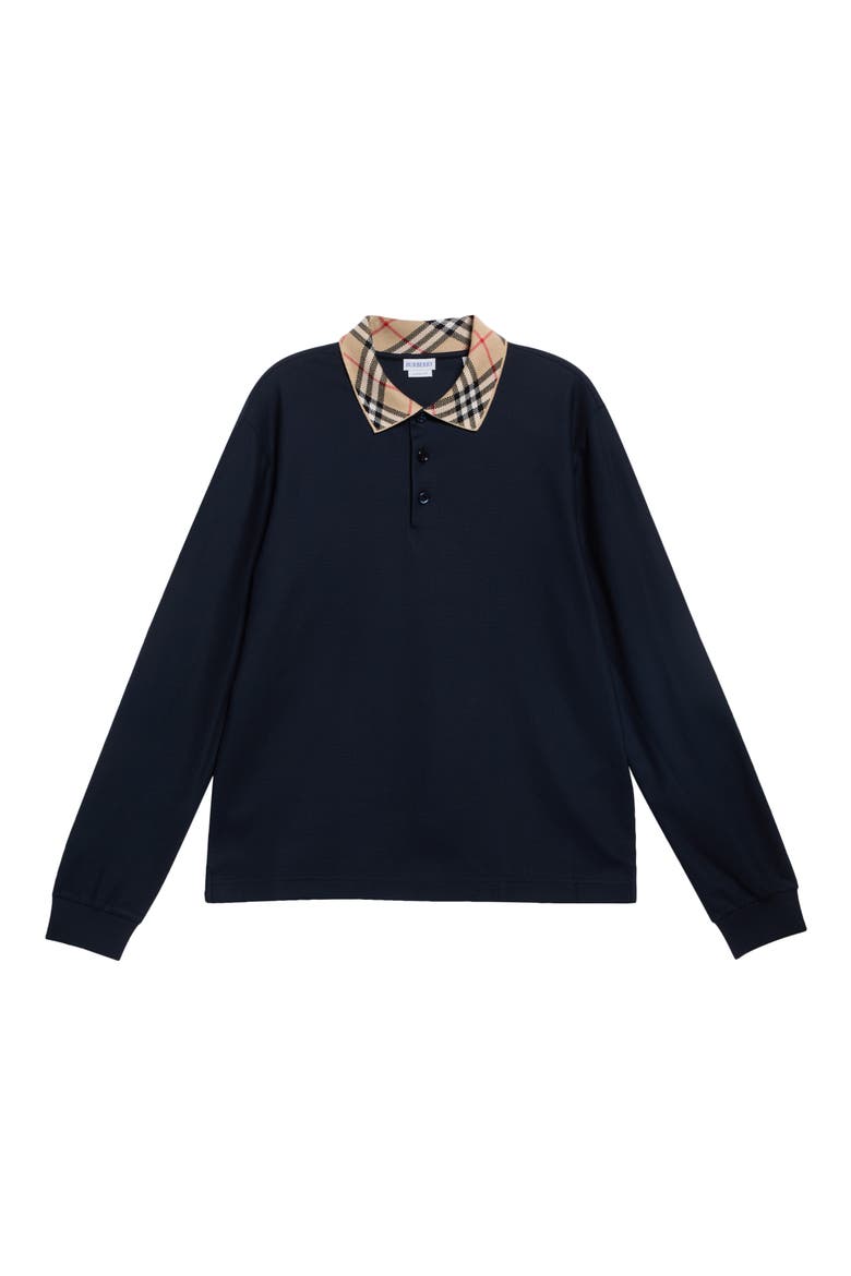 Evan Check Collar Long Sleeve Cotton Piqué Polo, Main, color, NAVY