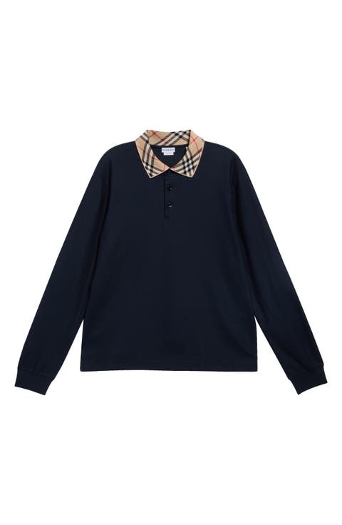 Evan Check Collar Long Sleeve Cotton Piqué Polo