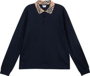 Burberry Evan Check Collar Long Sleeve Cotton Piqué Polo