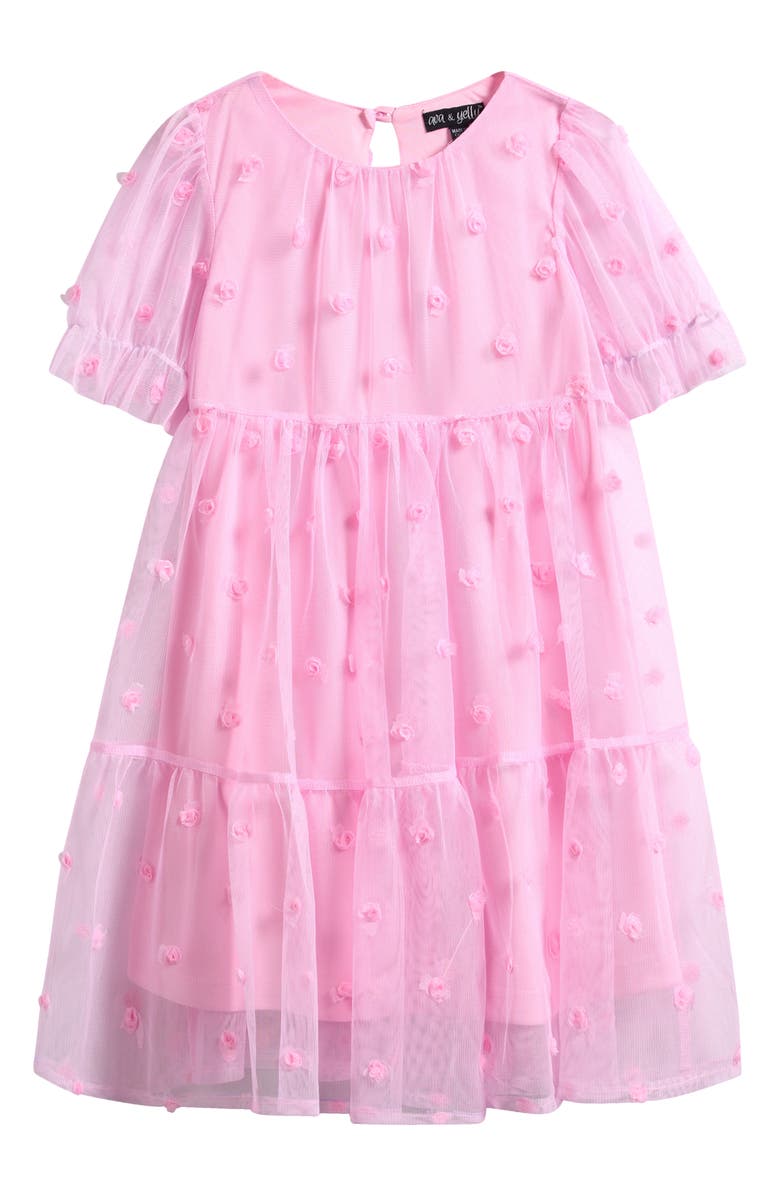 Ava & Yelly Kids' Rosette Tiered Mesh Party Dress, Main, color, Pink
