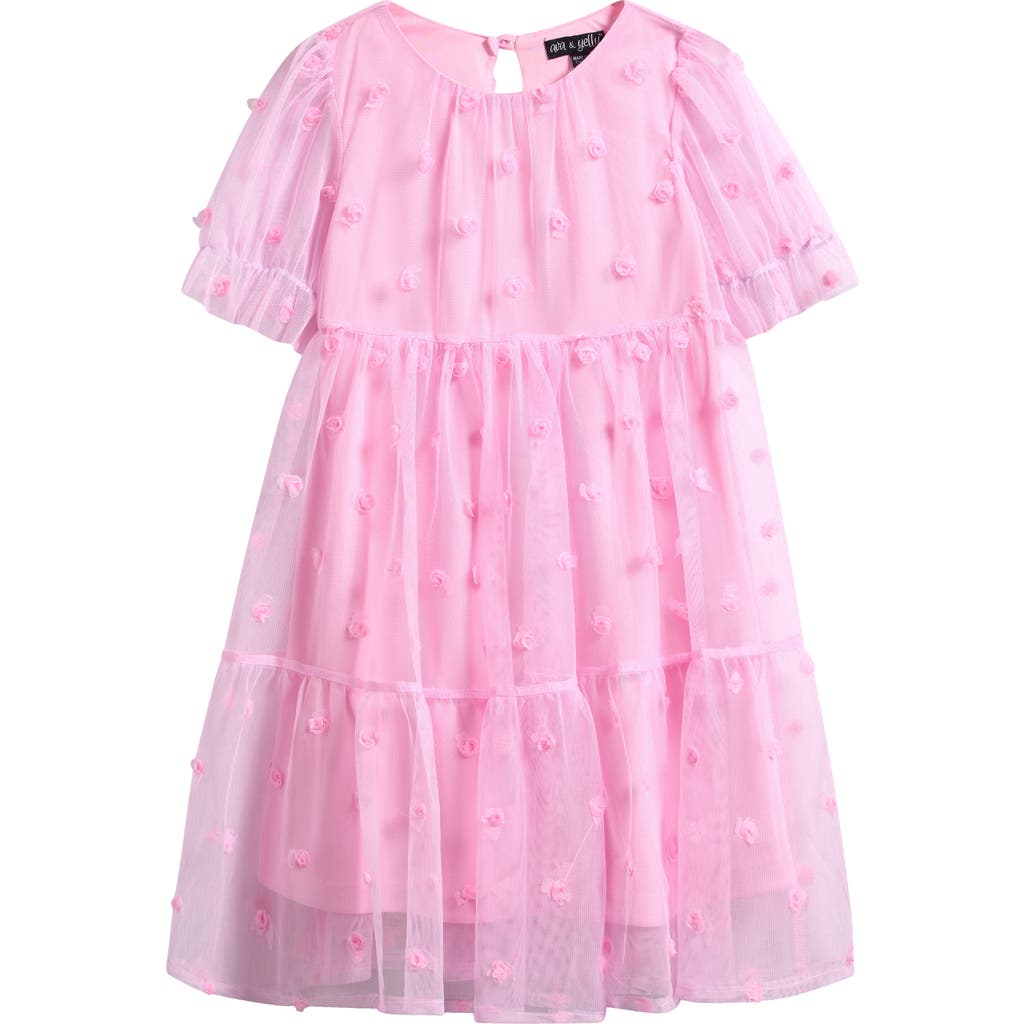 Ava & Yelly Kids' Rosette Tiered Mesh Party Dress In Pink