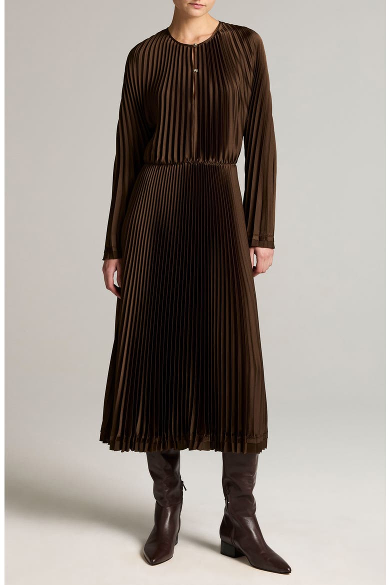 Pleated Long Sleeve Dress, Main, color, PINEWOOD