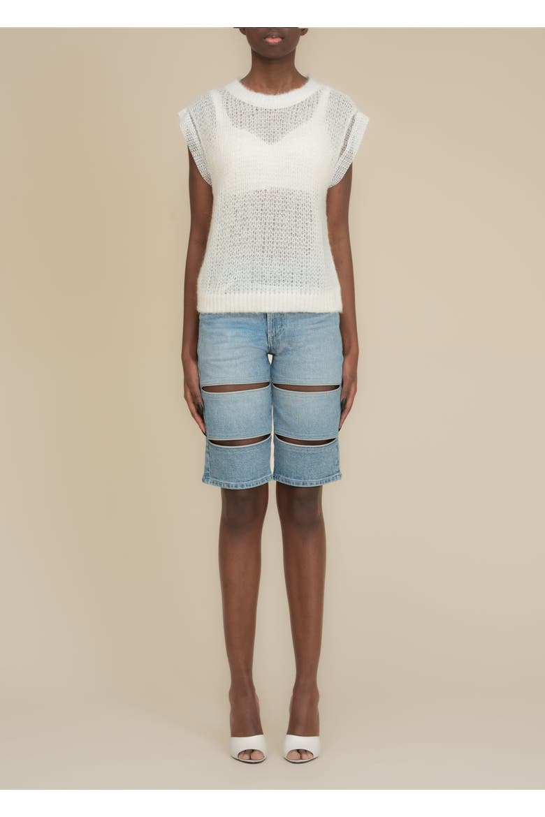 Arcana with Leather Trim Mid-Rise Slim Denim Jean Short, Alternate, color, Indigo Denim