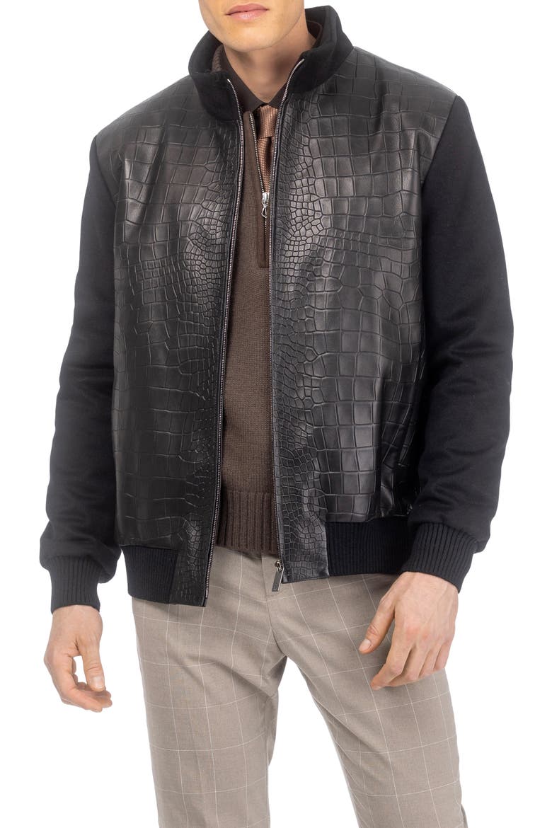 Men's Jacket Crafted From Wool With Croco-Embossed Leather Front, Alternate, color, BLACK/BLACK