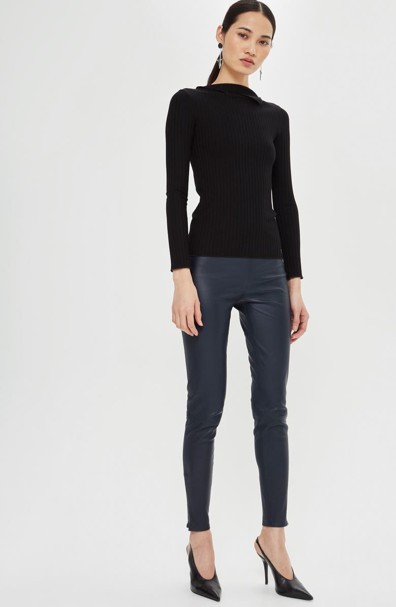 Topshop Boutique Fold Neck Rib Shirt, Alternate, color, 