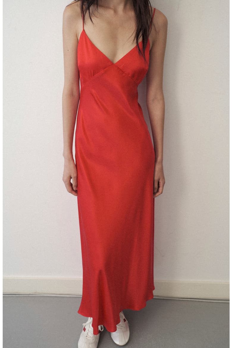 Silk Blend V-Neck Midi Dress, Alternate, color, RED