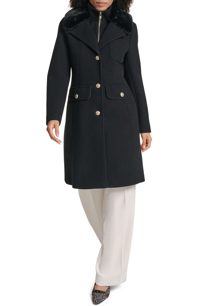 Faux Fur Collar Walker Coat with Bib, Main, color, BLACK