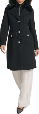 KARL LAGERFELD PARIS Faux Fur Collar Walker Coat with Bib