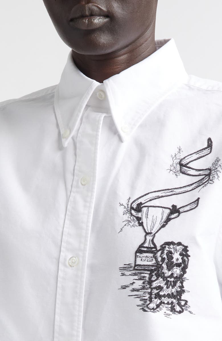 Thom Browne Embroidered Cotton Poplin Button-Down Shirt, Alternate, color, White