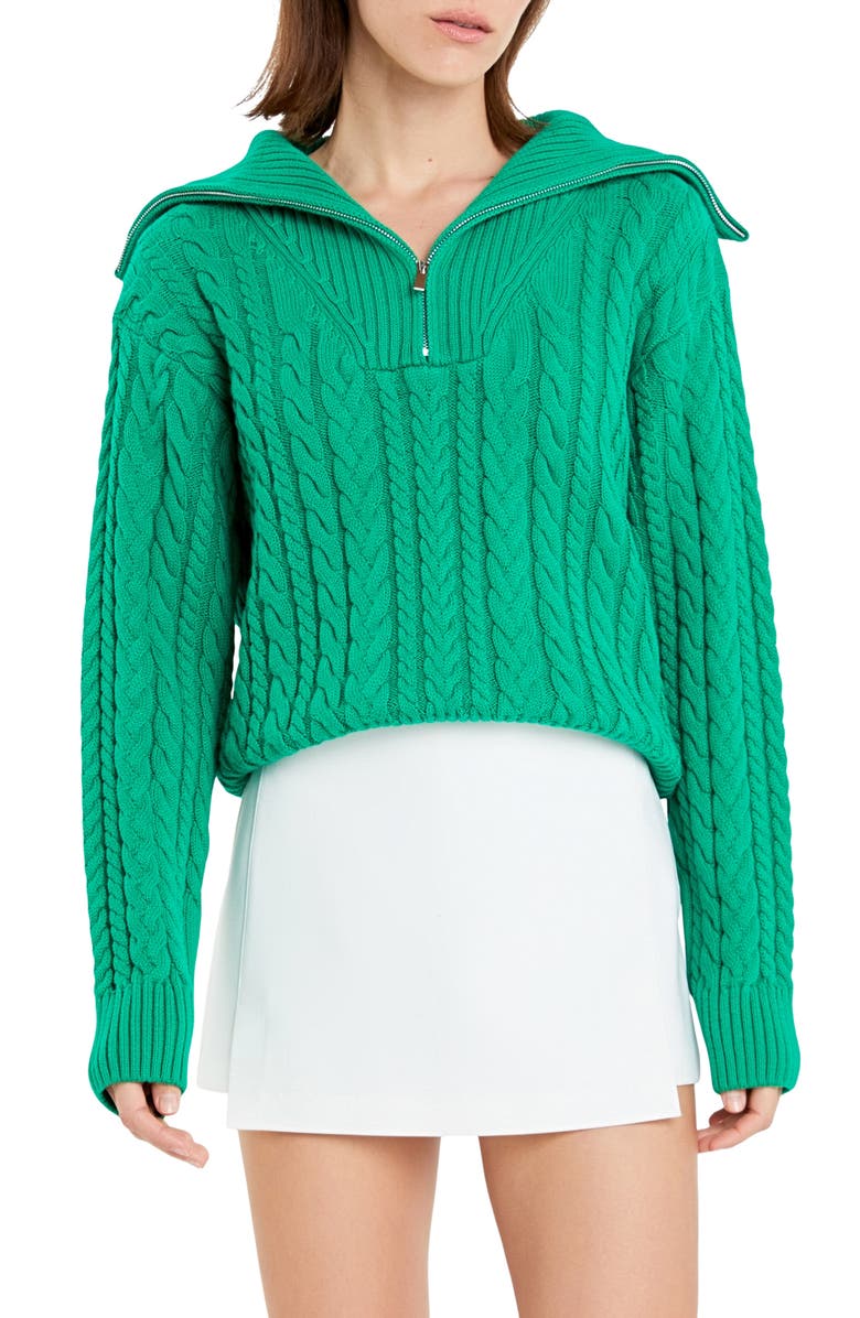 English Factory Quarter Zip Cable Knit Cotton Sweater, Main, color, Green