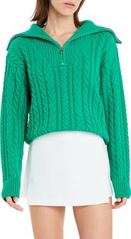 English Factory Quarter Zip Cable Knit Cotton Sweater