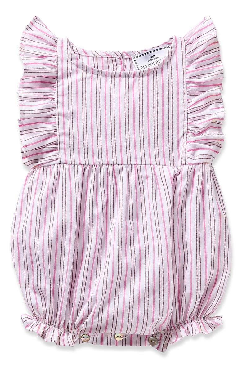 Petite Plume Stripe Ruffle Twill Bubble Romper, Main, color, 