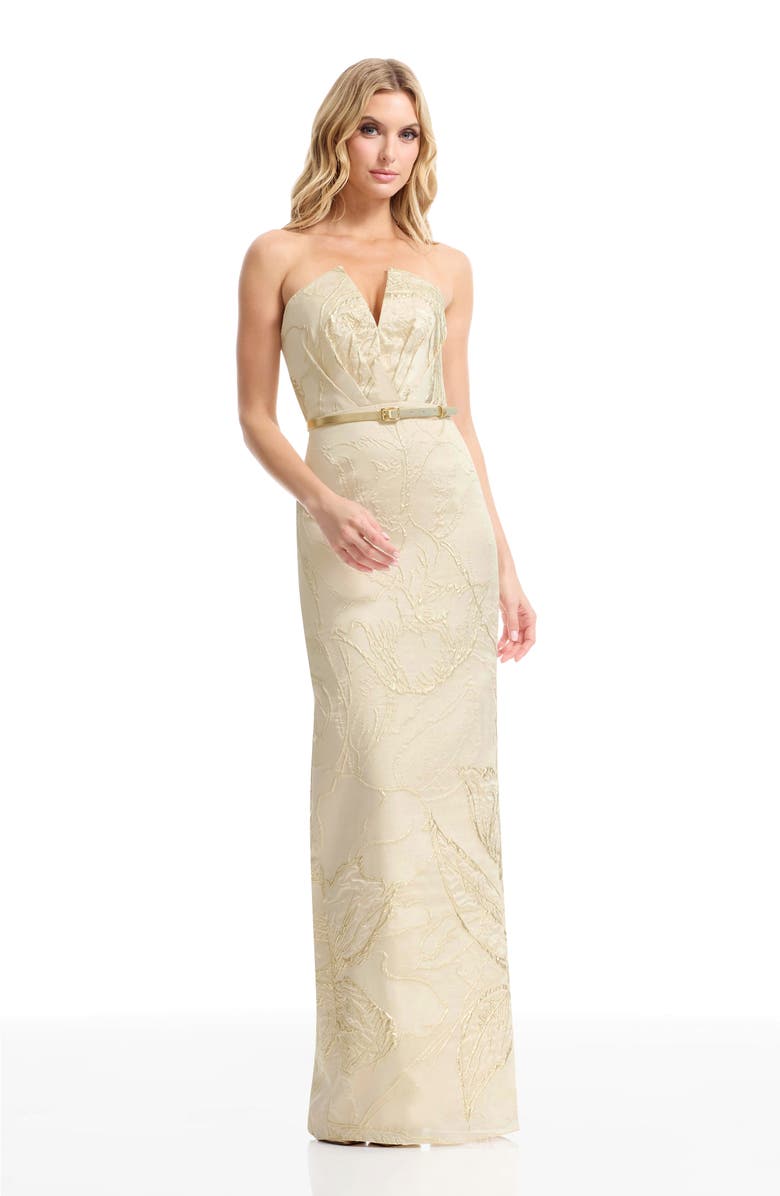 Dress the Population Kahlani Metallic Floral Jacquard Strapless Column Gown, Alternate, color, Champagne Multi