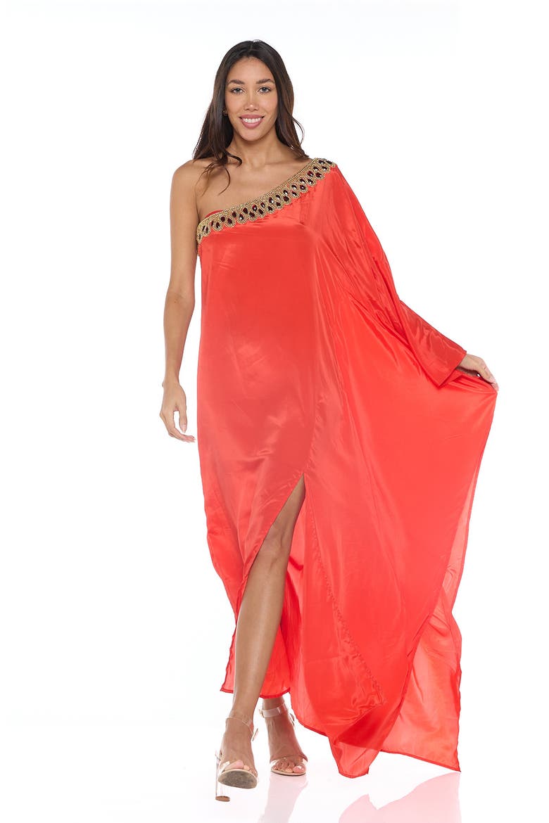 Embellished One-Shoulder Long Sleeve Cover-Up Dress, Alternate, color, RED