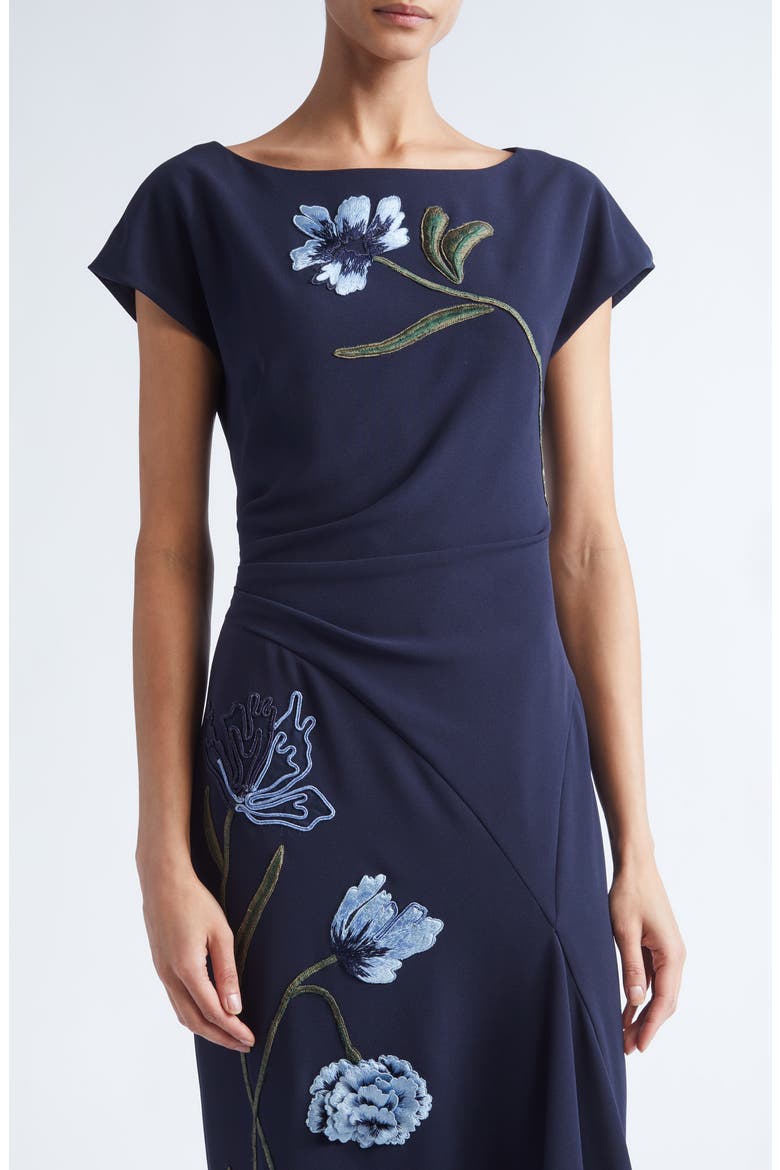 Floral Cord Embroidery Stretch Crepe Cascade Gown, Alternate, color, NAVY/ BLUE