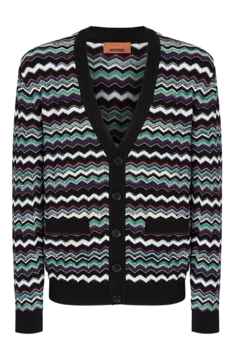 Missoni Cardigan In Wool-cotton Blend With Zigzag, Alternate, color, Blue & Green