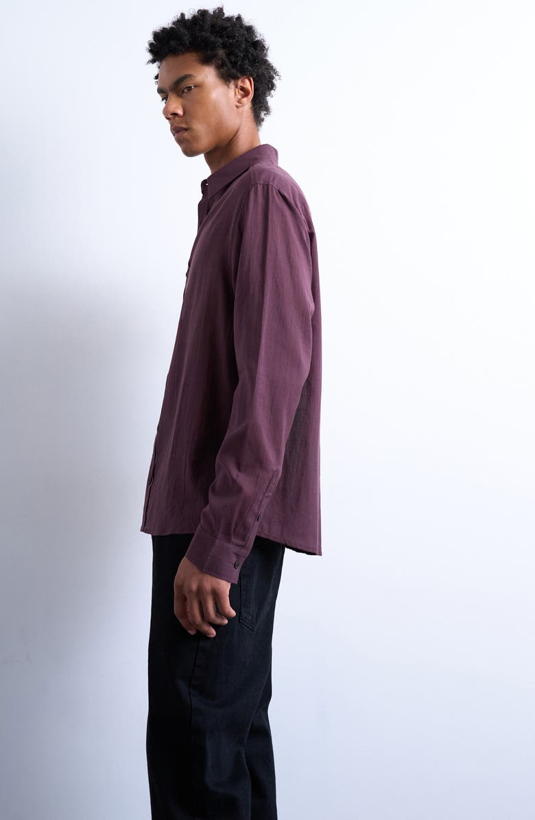 Topman Pinstripe Semisheer Cotton Button-Up Shirt, Alternate, color, Burgundy