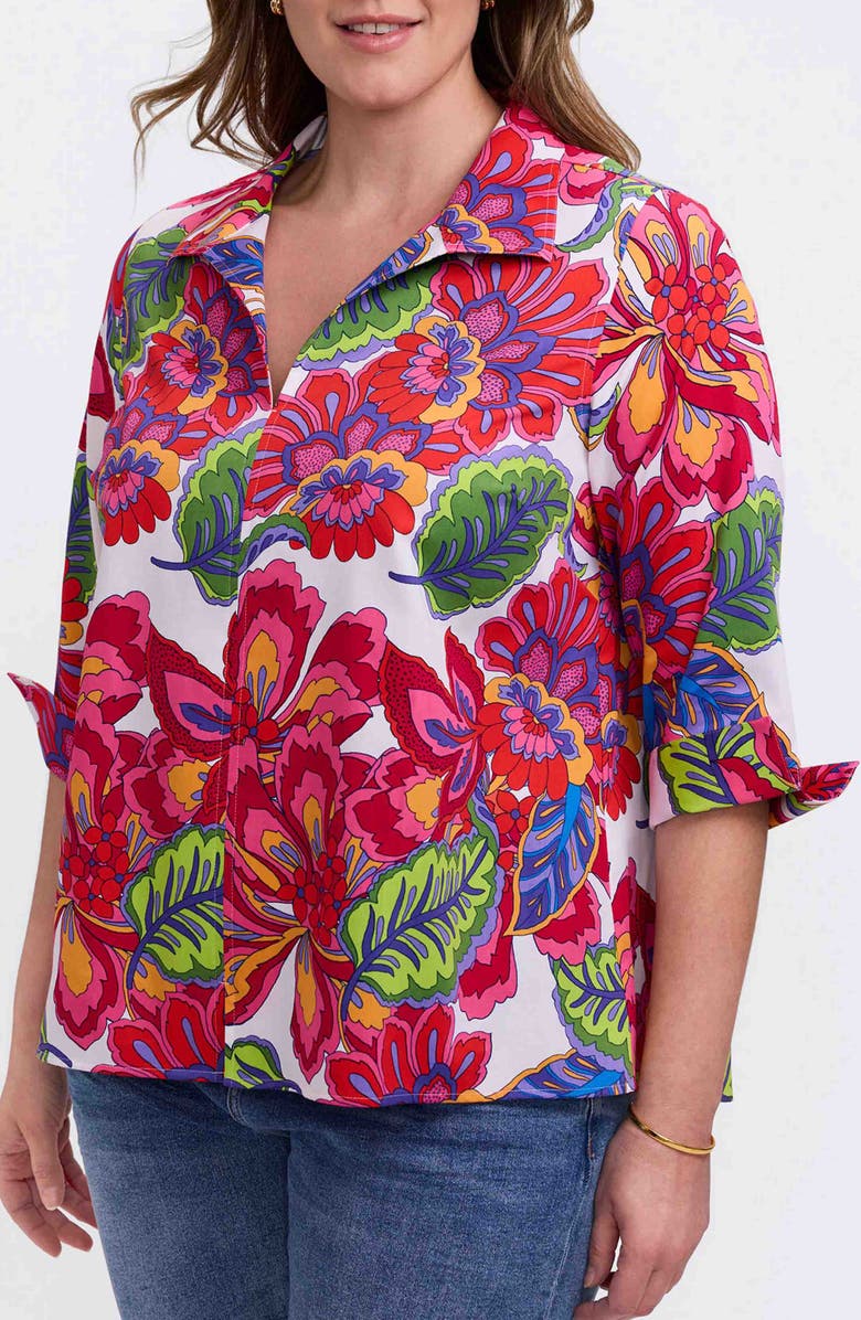Foxcroft Agnes Paradise Blooms Three-Quarter Sleeve Cotton Popover Top, Alternate, color, 
