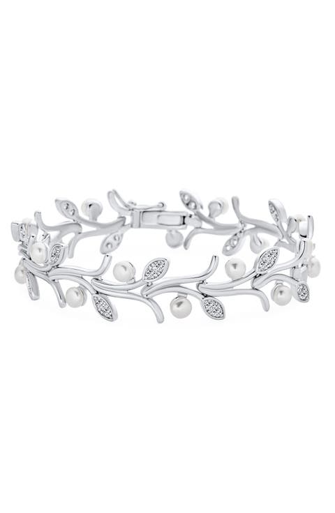 Bridal Flowers 6mm Cultured Freshwater Pearl & Cubic Zirconia Bracelet