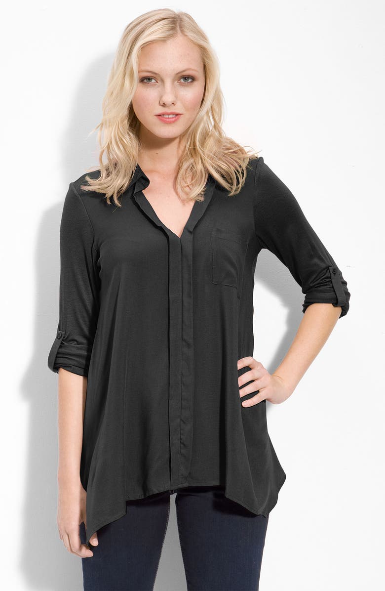 Pleione Split Neck Roll Sleeve Mixed Media Top, Main, color, 
