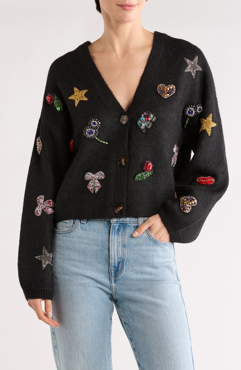 BLANKNYC Embellished Appliqué Cardigan, Main, color, Dazzle Me