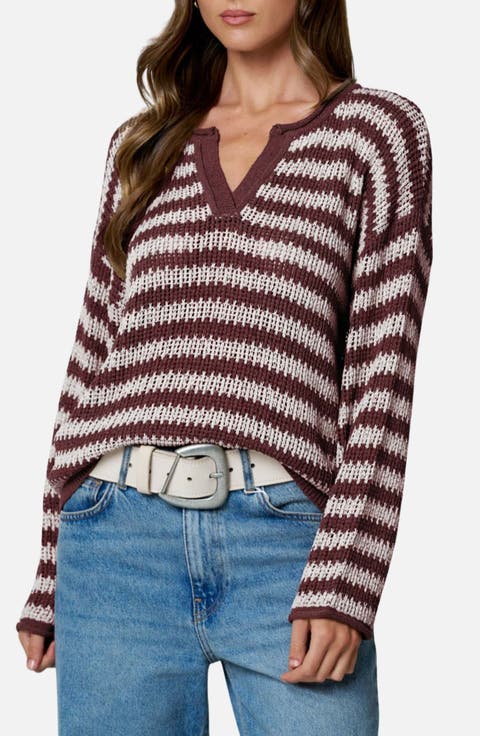 Stripe Notch Neck Long Sleeve Sweater