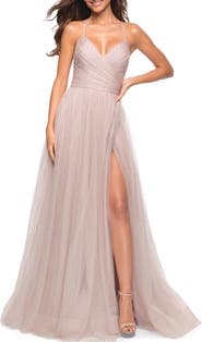 La Femme Rhinestone Tulle Ballgown with Slit and Lace Up Back