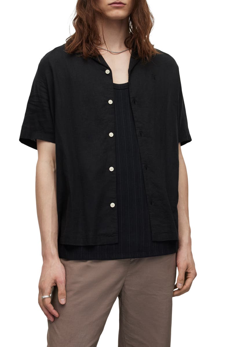 AllSaints Canal Short Sleeve Linen Blend Button-Up Camp Shirt, Main, color, 