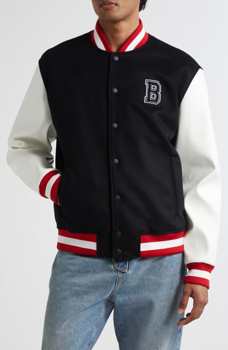 Balmain Logo Embellished Virgin Wool & Faux Leather Varsity Jacket, Main, color, Ebe Black/ White/ Red