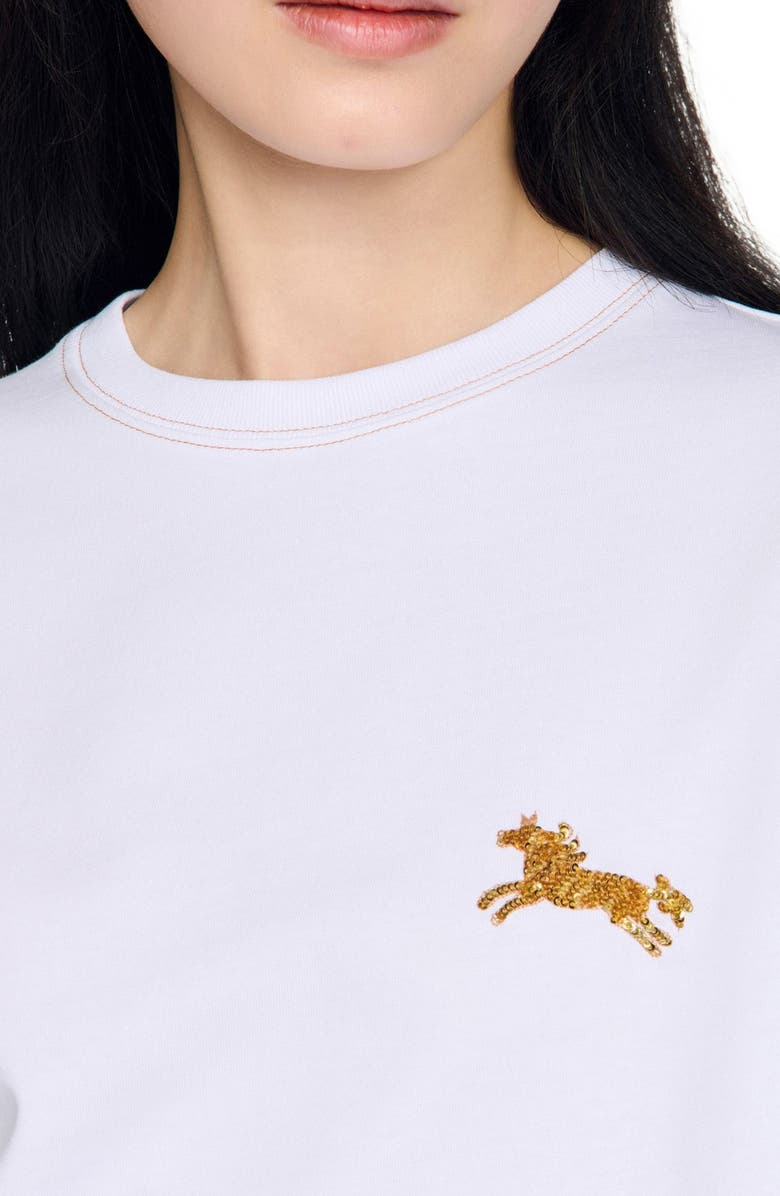 SANDRO Horse embroidery cotton T-shirt, Alternate, color, White