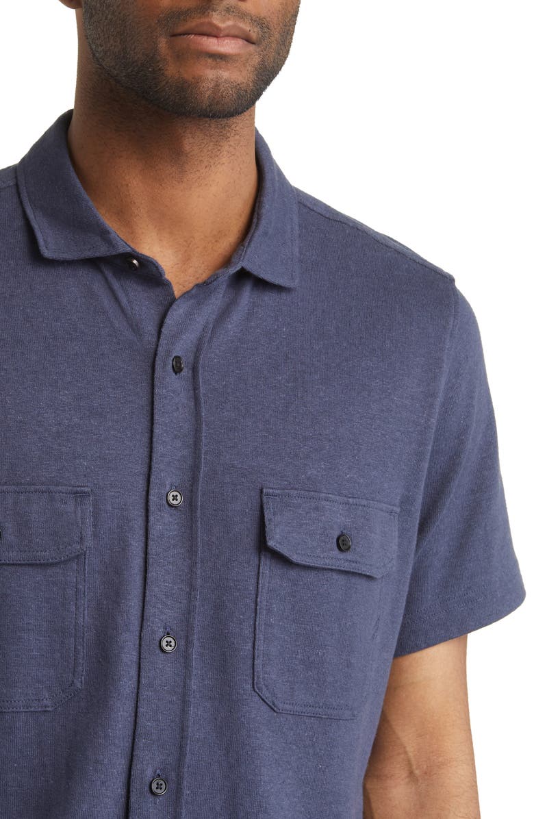 Billy Reid Hemp & Cotton Knit Short Sleeve Button-Up Shirt, Alternate, color, Navy