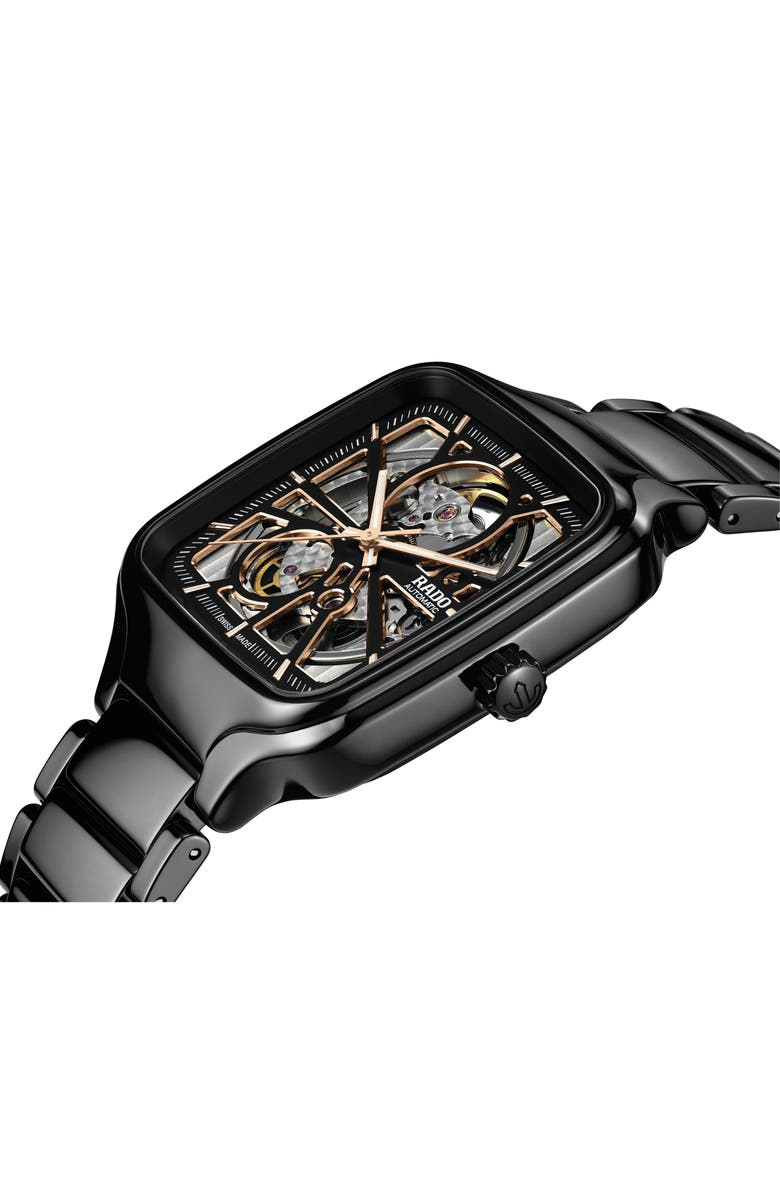 RADO True Square Automatic Open Heart Ceramic Bracelet Watch, 38mm, Alternate, color, Black Multi