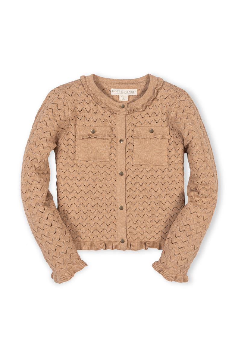 Kids' Organic Ruffle Trim Pointelle Cardigan, Main, color, Camel Heather