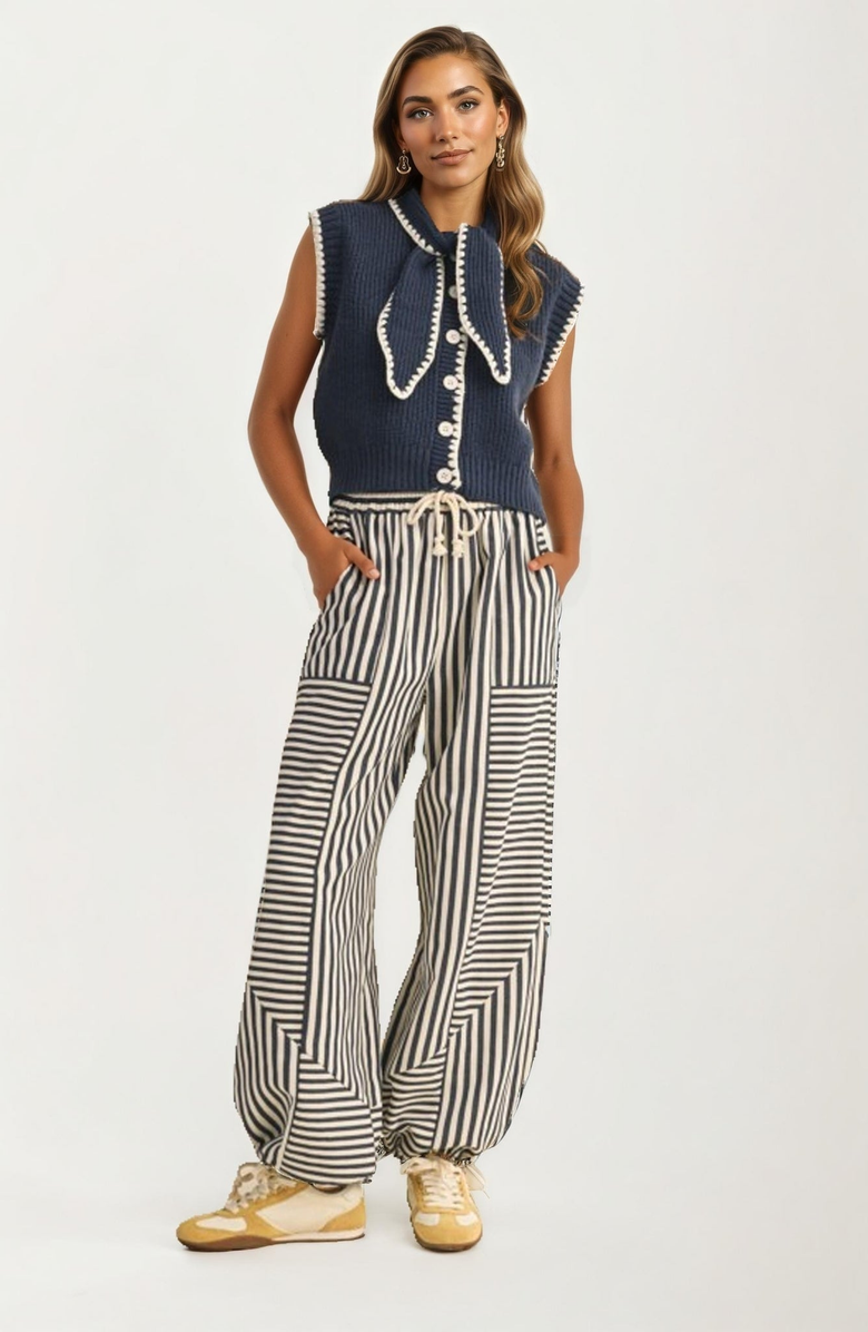 Knit and Lounge Sleeveless Knit Oversized Bow Collar Contrast Trim Vest, Main, color, Navy Blue