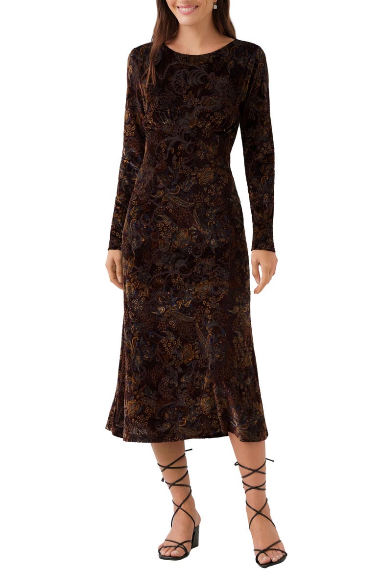 Velvet Burnout Midi Dress, Main, color, CHOCOLATE