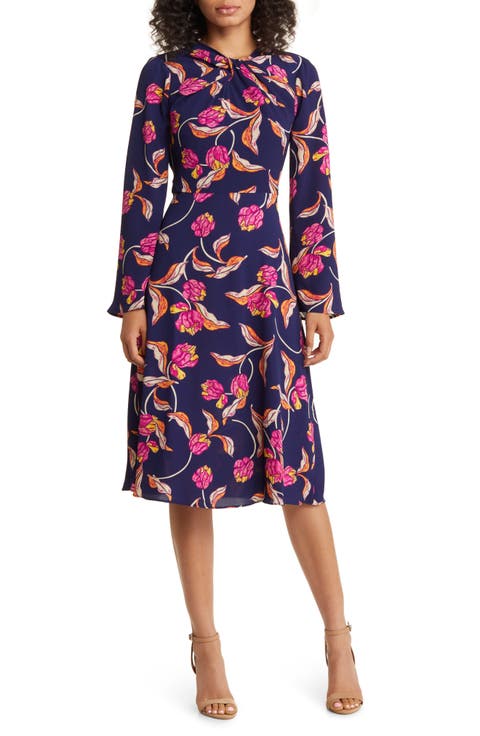 Floral Twist Neck Long Sleeve Midi Dress