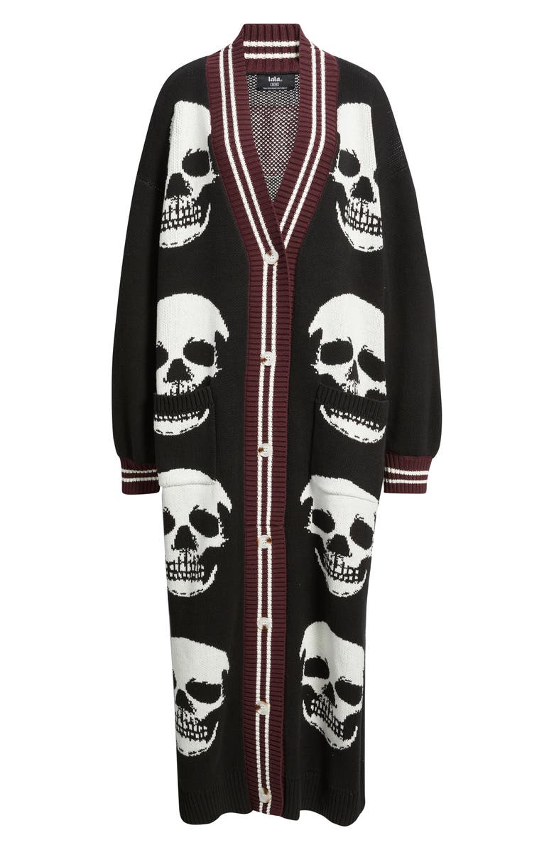Dressed in Lala Trouble Maker Long Cardigan, Alternate, color, Black With Skulls