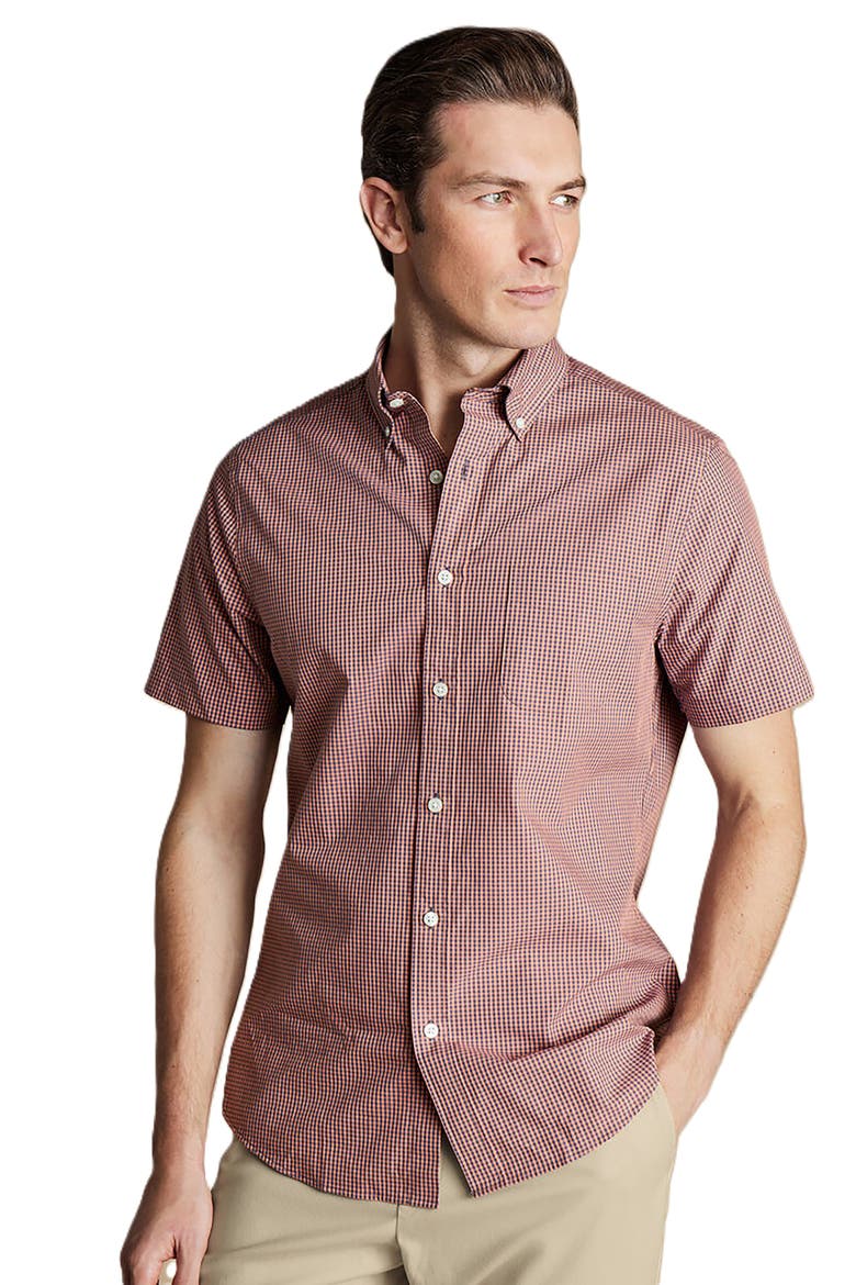 Slim Fit Light Button-Down Collar Non-Iron Stretch Poplin Mini Gingham Short Sleeve Shirt, Main, color, Light Coral Pink