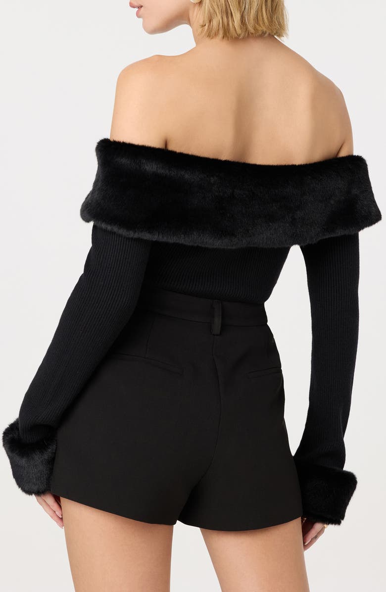 ASTR the Label Tabathia Off the Shoulder Faux Fur Trim Sweater, Alternate, color, Black
