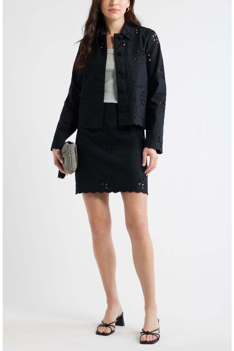 Eyelet Lace Miniskirt, Alternate, color, BLACK