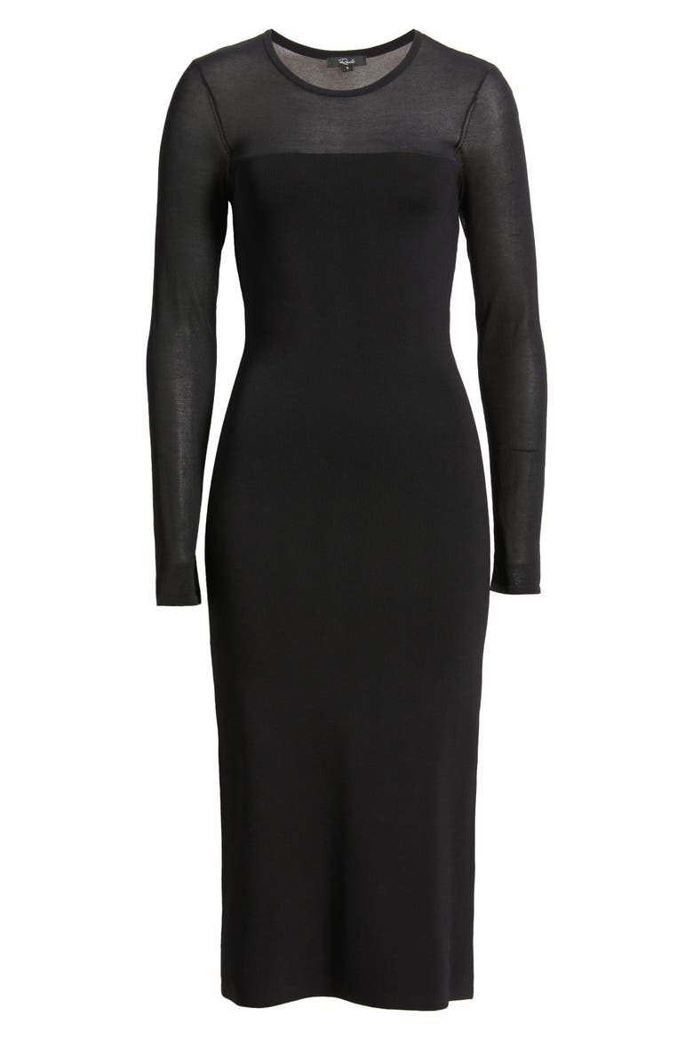 Luz Sheer Yoke & Long Sleeve Midi Dress, Alternate, color, BLACK